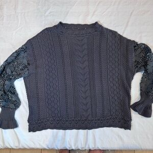 Elegant Lace Sleeve Knit‎ Sweater in Charcoal, Size Large *flaw